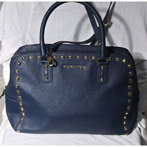 Michael Kors Navy Satchel Top Handle Bag with Studded Accents and Gold Hardware